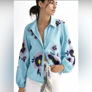 Anthropologie Blue Floral Button Down Shirt